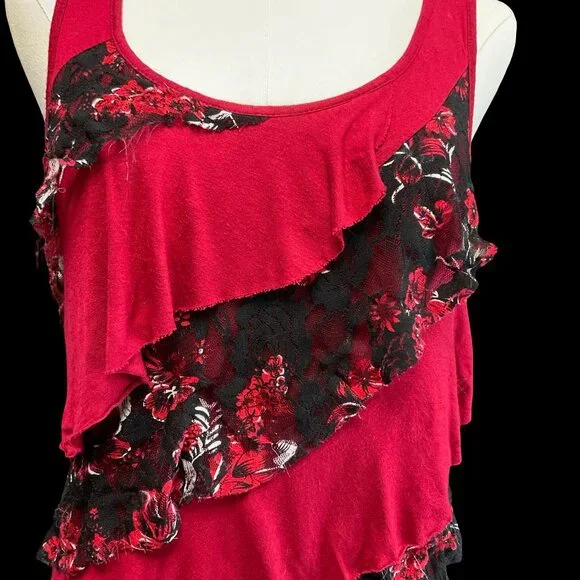 👗5/$25 - Red Ruffle Tank w/ Distressed Lace - Picture 2 of 4